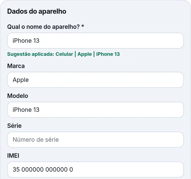 Passo 2 da OS no iProCloud: Aparelho e defeito